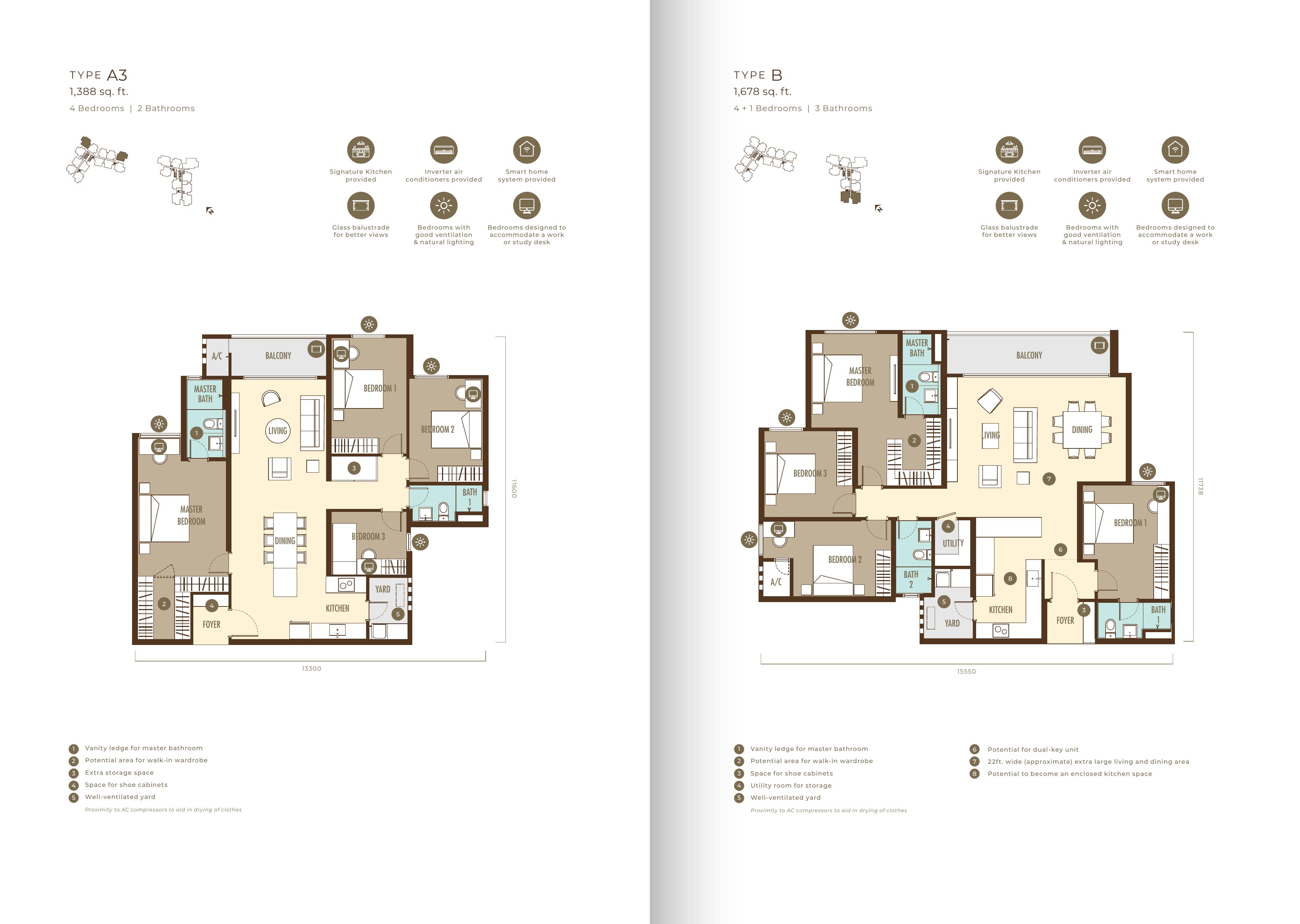 Floor plan for Type A3 (1,388 sq ft) and Type B (1,678 sq ft)